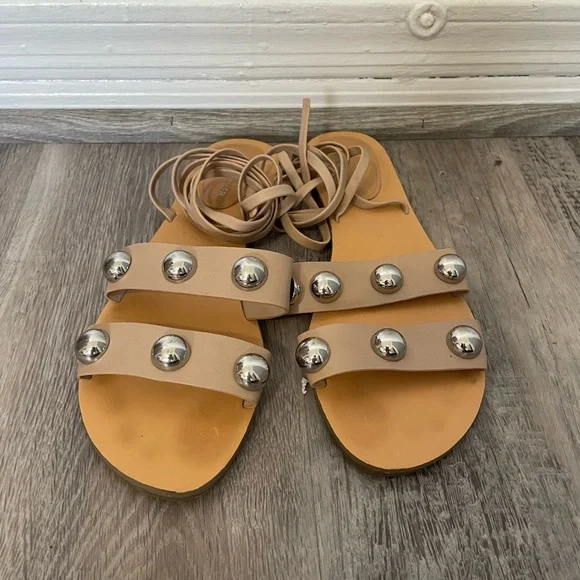 Womens Beige Studded Padded Bryony Round Toe Lace-Up Leather Sandals Shoes - Picture 2 of 3